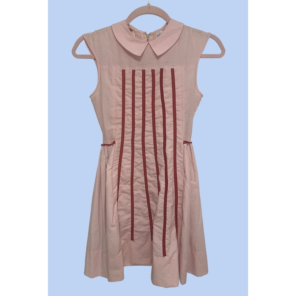 Vintage Love Dress Pink Cotton Red Grosgrain Ribbon Trim Peter Pan Collar